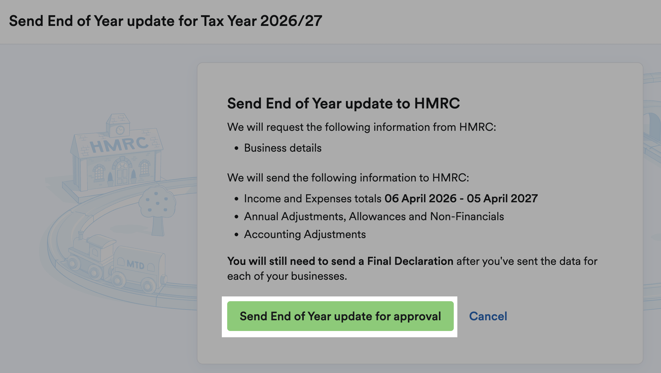 'Send End of Year update for approval' button highlighted in 'Send End of Year update to HMRC' box.