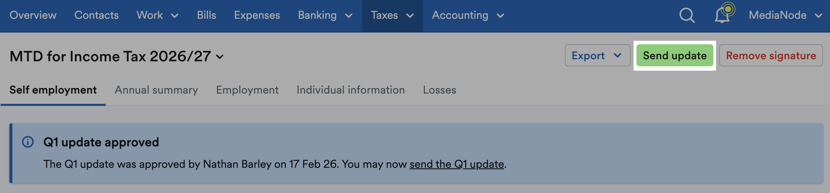 'Send update' button highlighted at top of page.