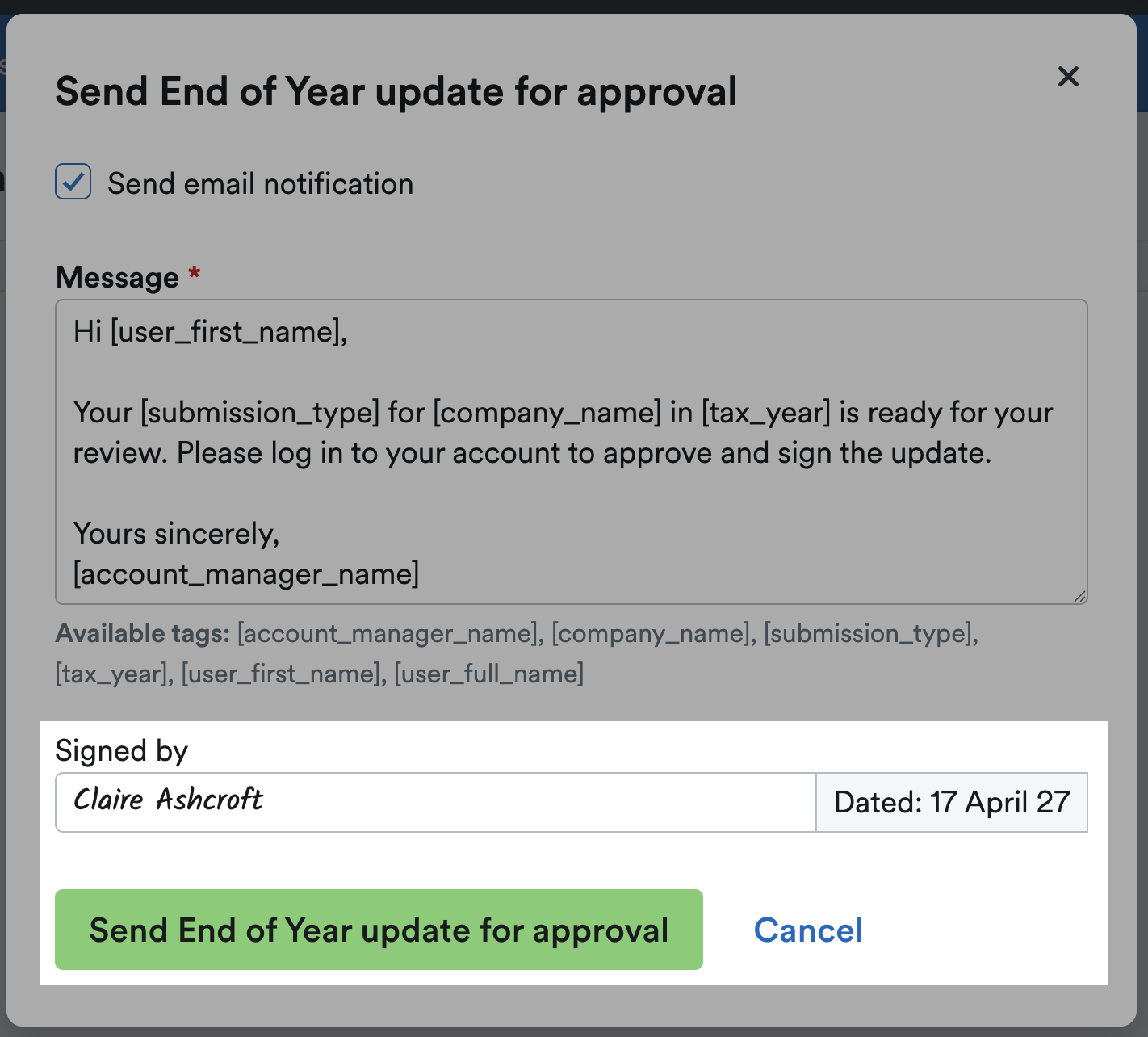 'Signed by' box with signature input and 'Send End of Year update for approval' button highlighted below it.
