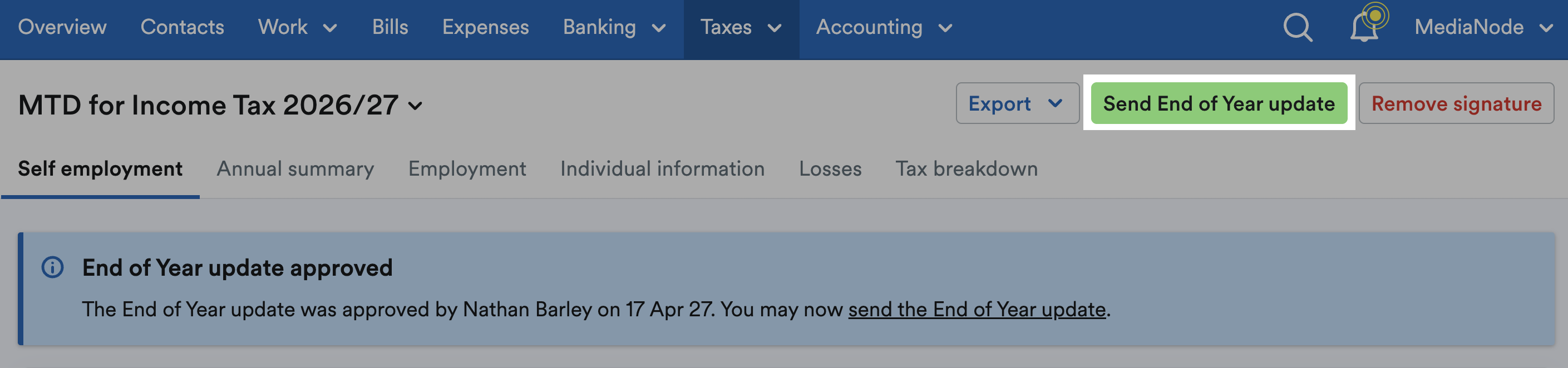 'Send End of Year update' button highlighted at top of page.