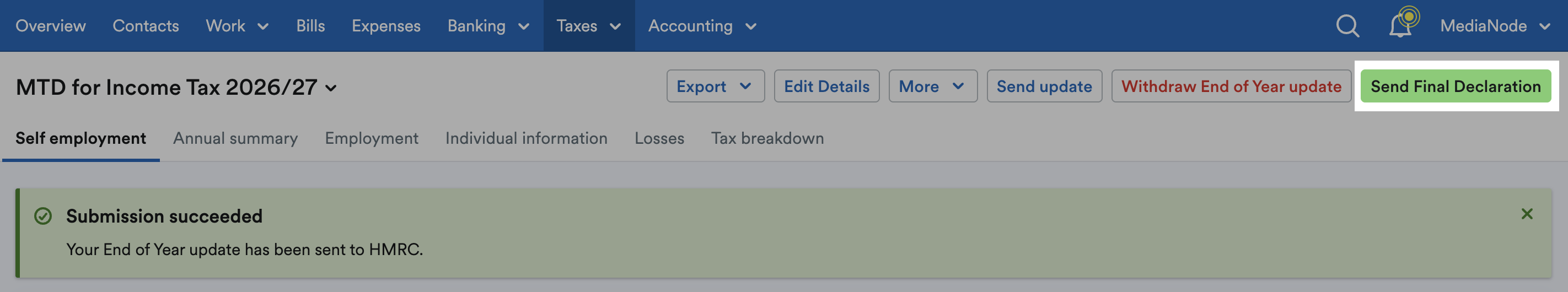 'Send Final Declaration' button highlighted at top of page.