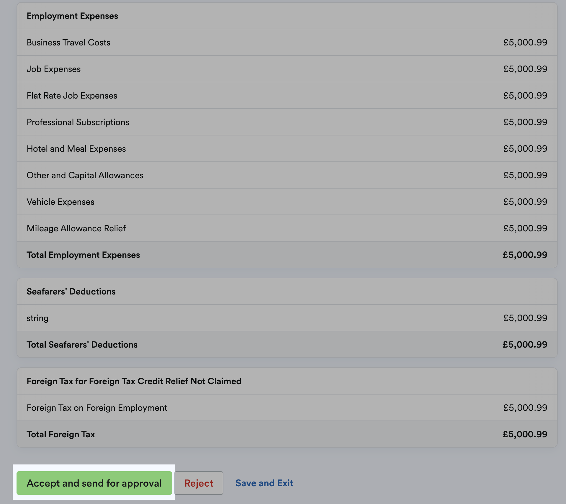 'Accept and send for approval' button highlighted at bottom of page.