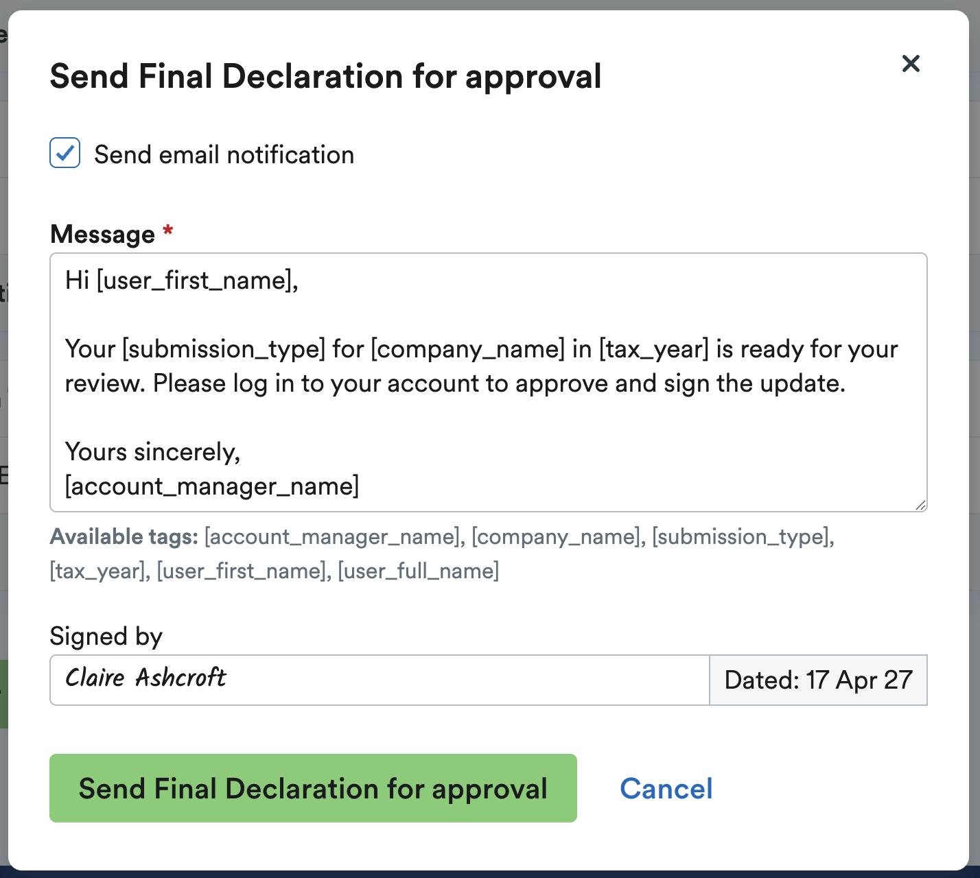 'Signed by' box with signature input and 'Send Final Declaration for approval' button highlighted below it.