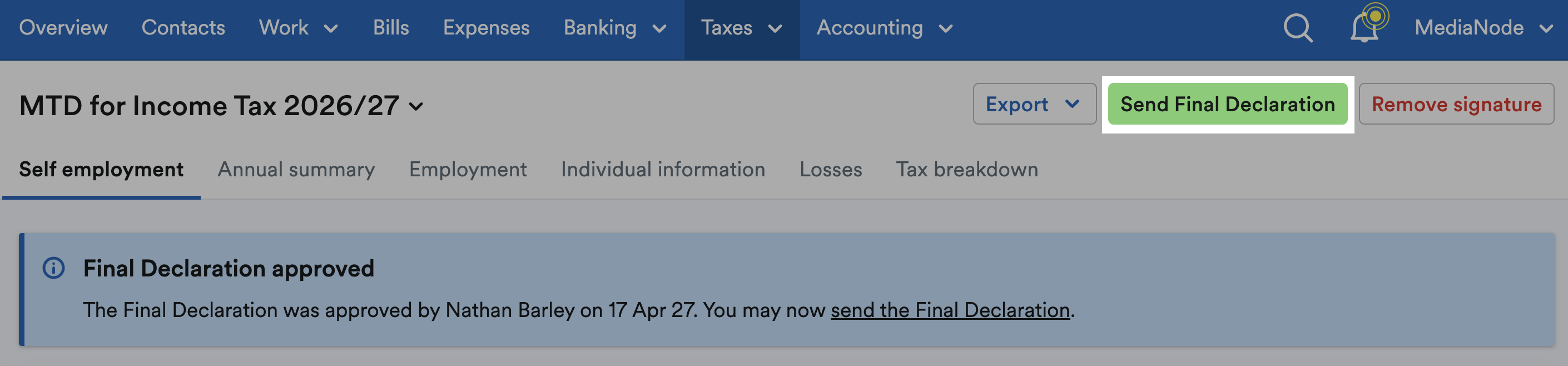 'Send Final Declaration' button highlighted at top of page.