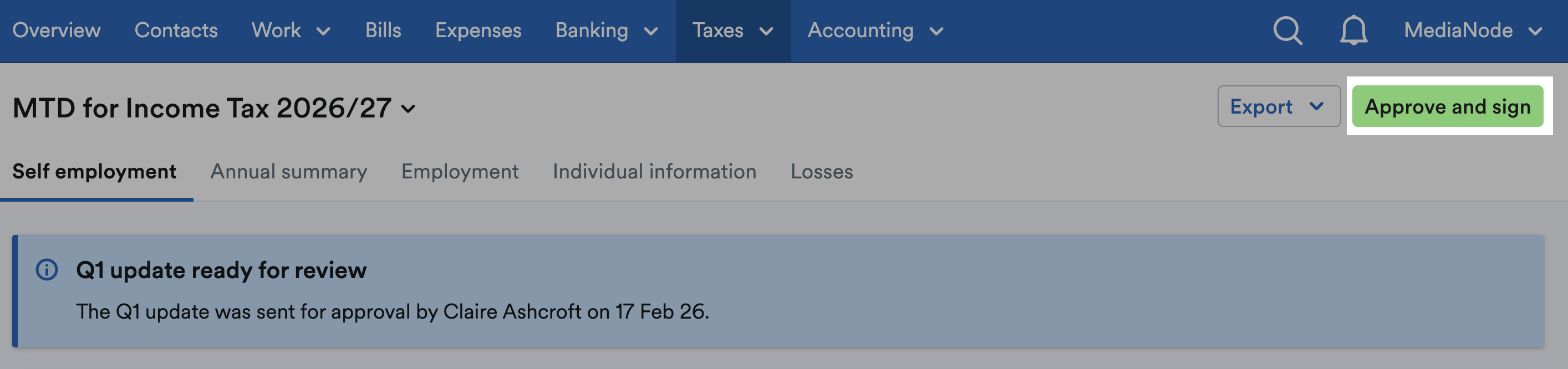 'Approve and sign' button highlighted at top of MTD for Income Tax page.