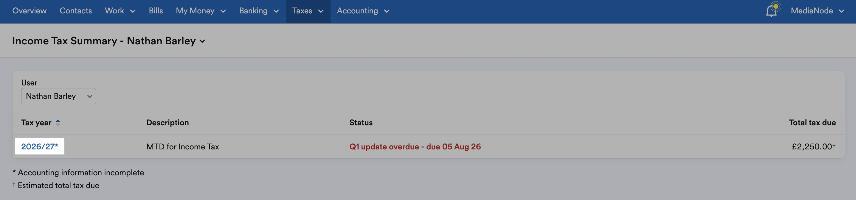 Tax year select from list on Income Tax Summary page for user.