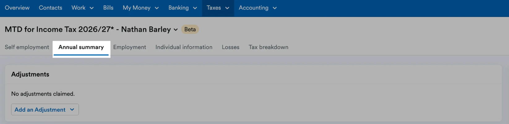 'Annual summary' tab highlighted at top of MTD for Income Tax page.