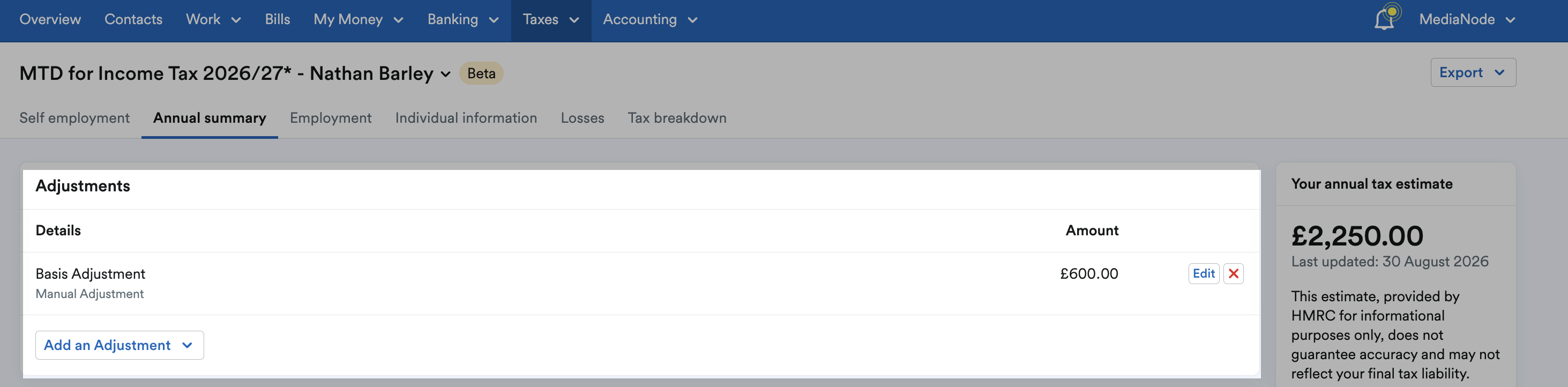 'Adjustments' section of Annual Summary tab highlighted.