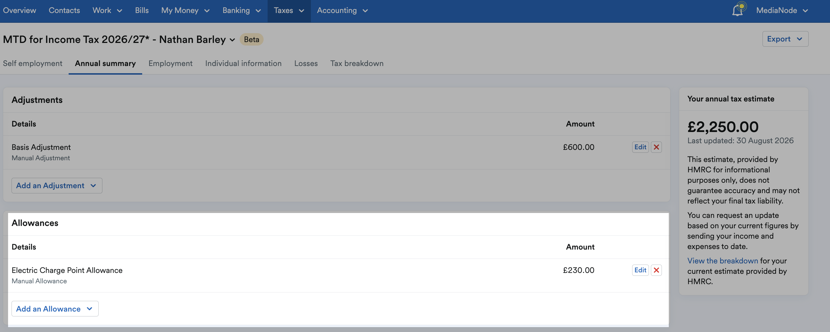 'Allowances' section of Annual Summary tab highlighted.