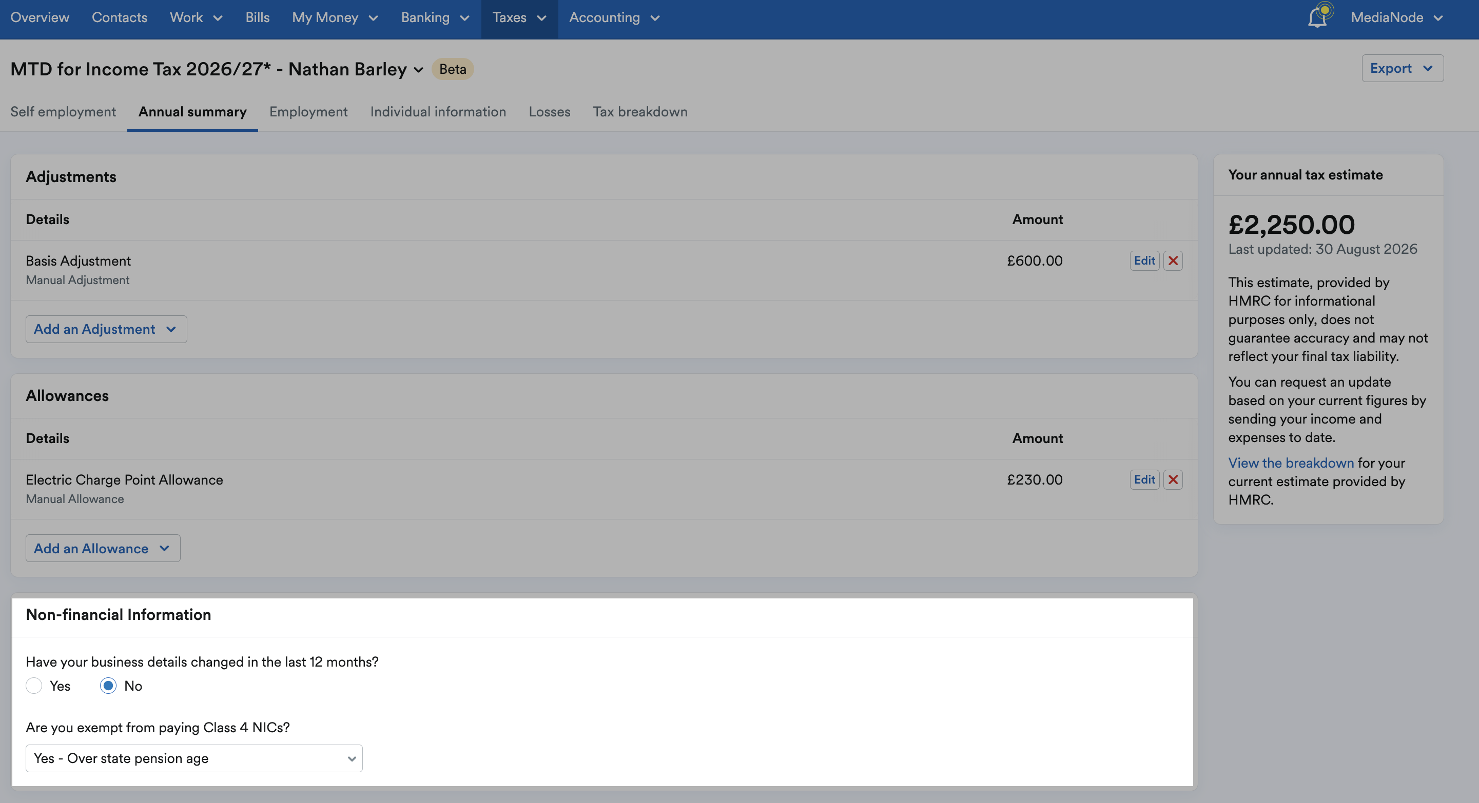 'Non-financial information' section highlighted on Annual summary tab.