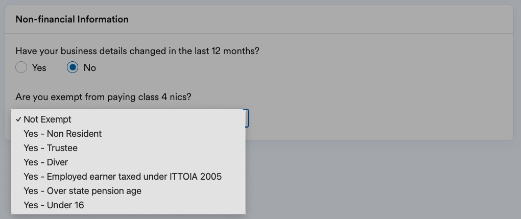 'Not Exempt' shown on list of options to choose from.