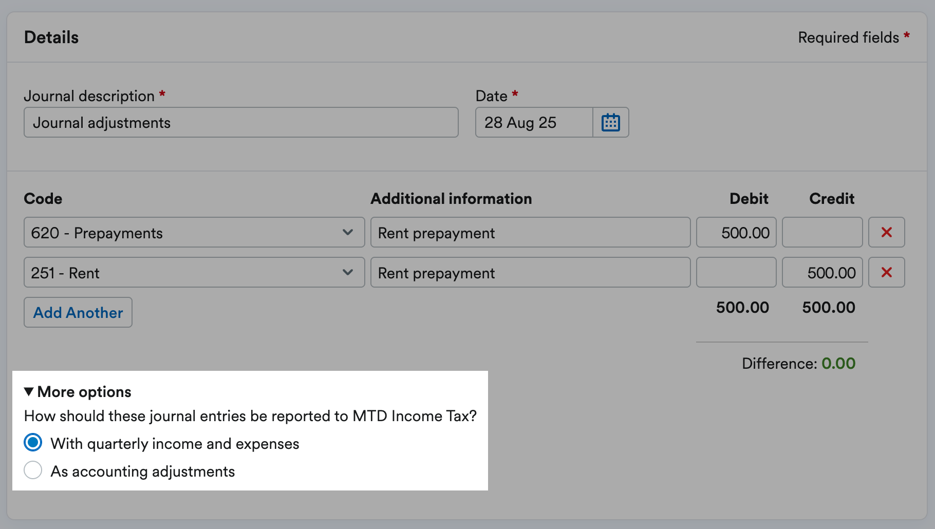 Journal entries being reported with quarterly income and expenses