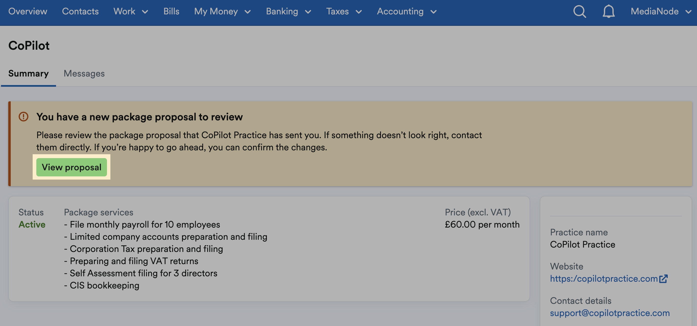 View proposal button highlighted for a CoPilot accountant's package proposal