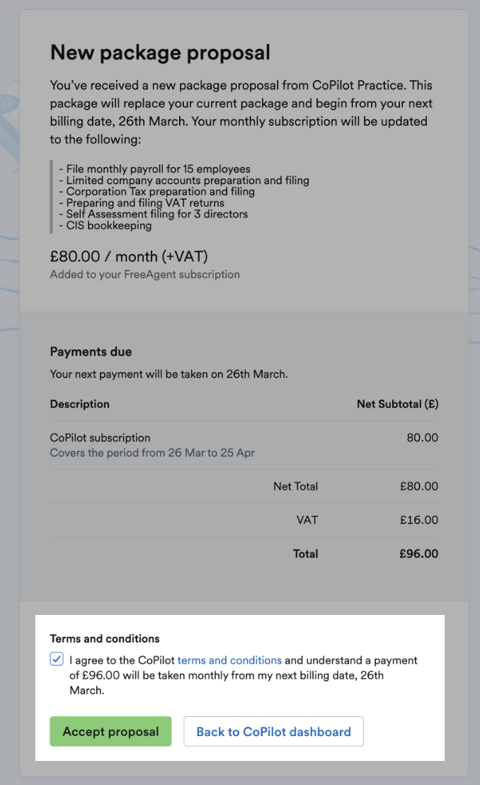 Terms and conditions, and accept proposal button highlighted