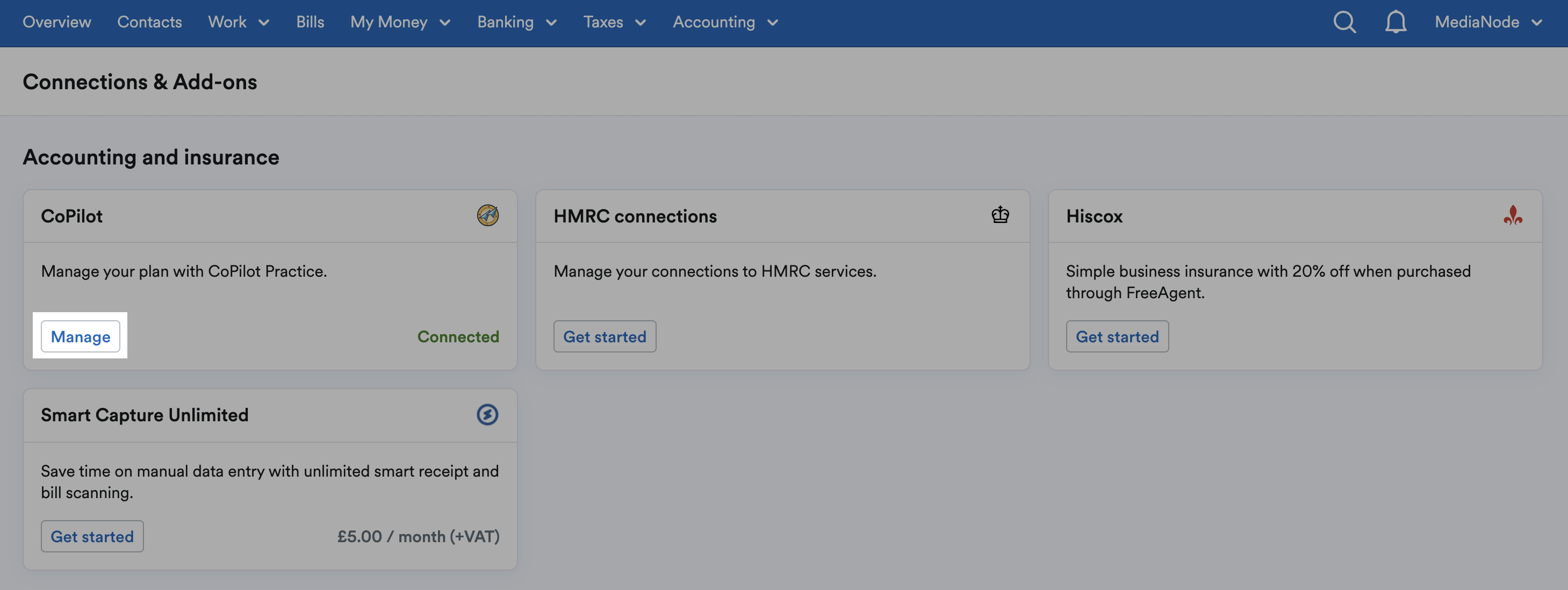 manage button highlighted in CoPilot section of Connections & Add-ons area