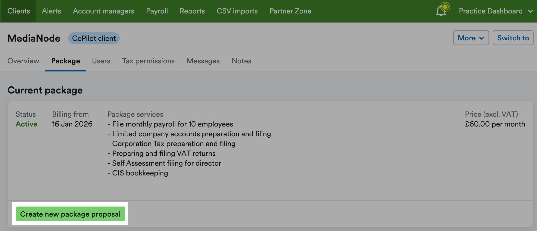 Create new package proposal button highlighted below client's current package