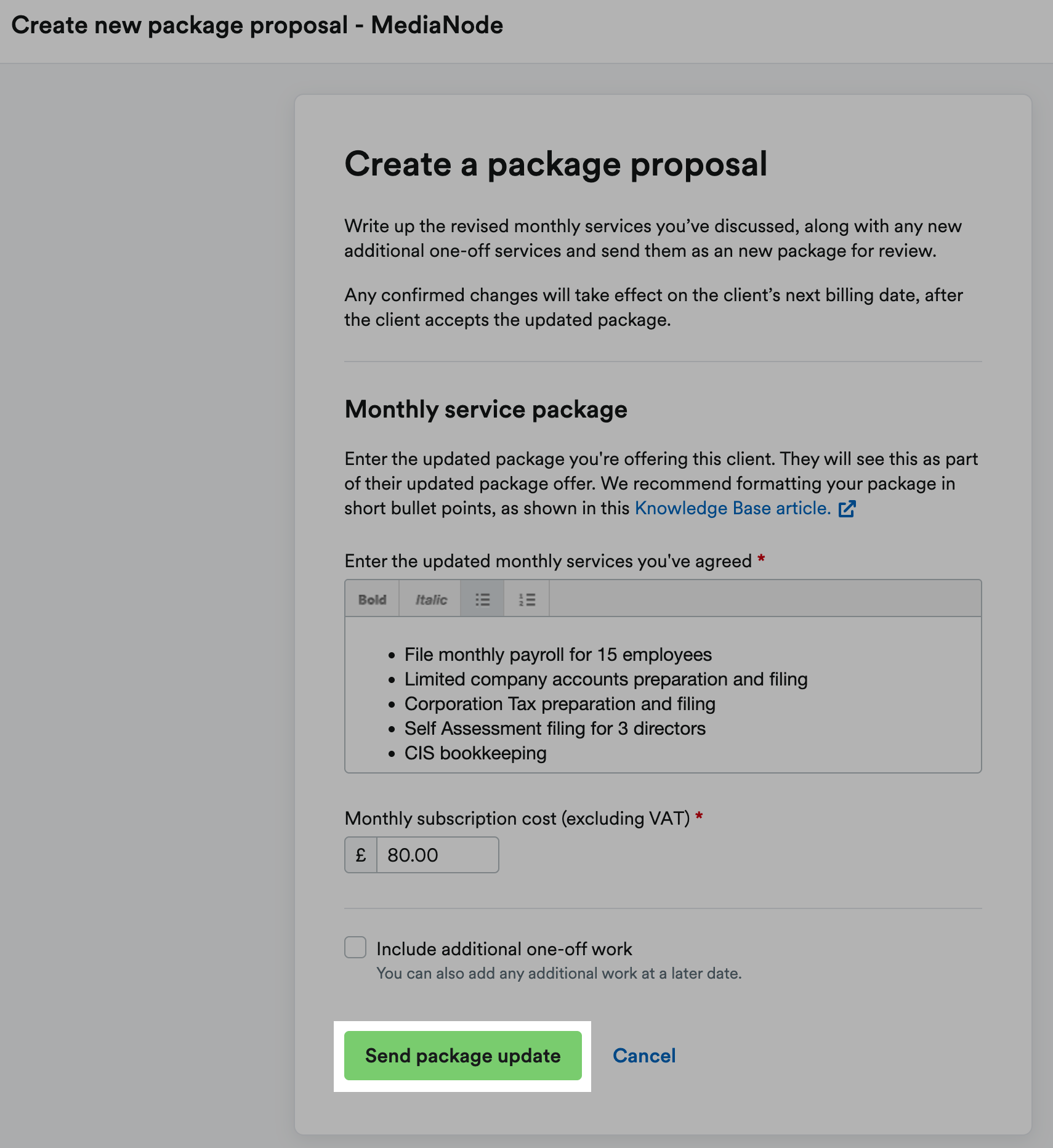New package proposal being created for the client