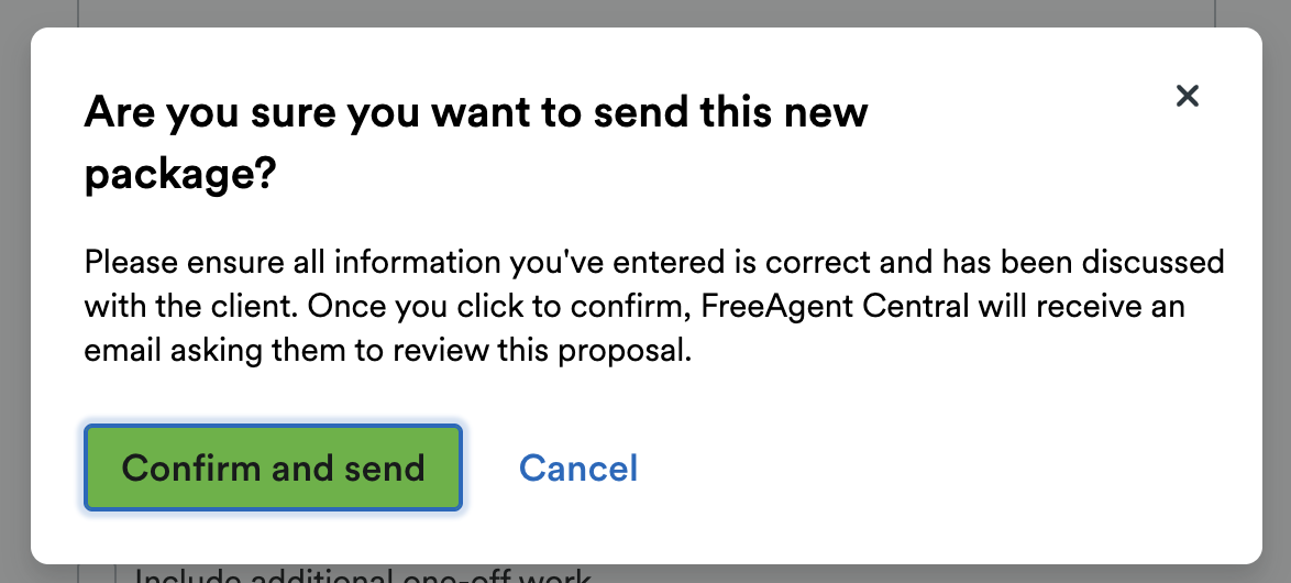 Pop-up window to confirm you want to send the new package to the client