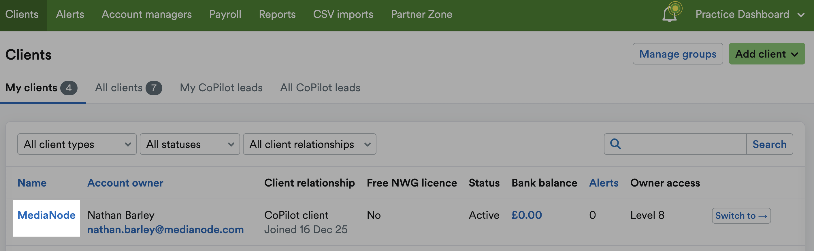 CoPilot client's business name highlighted in the Clients area of practice dashboard