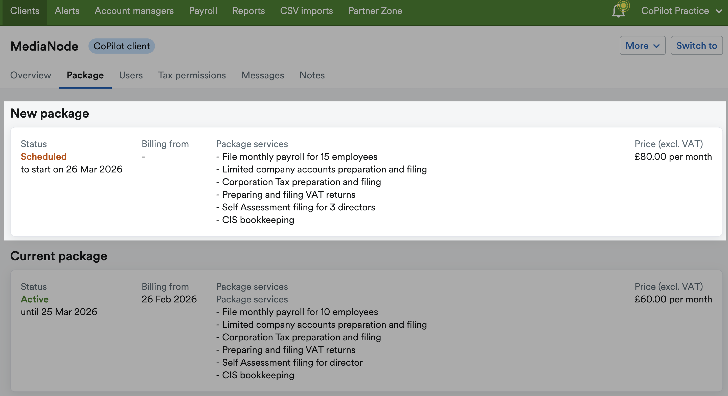 New package highlighted above the client's current package