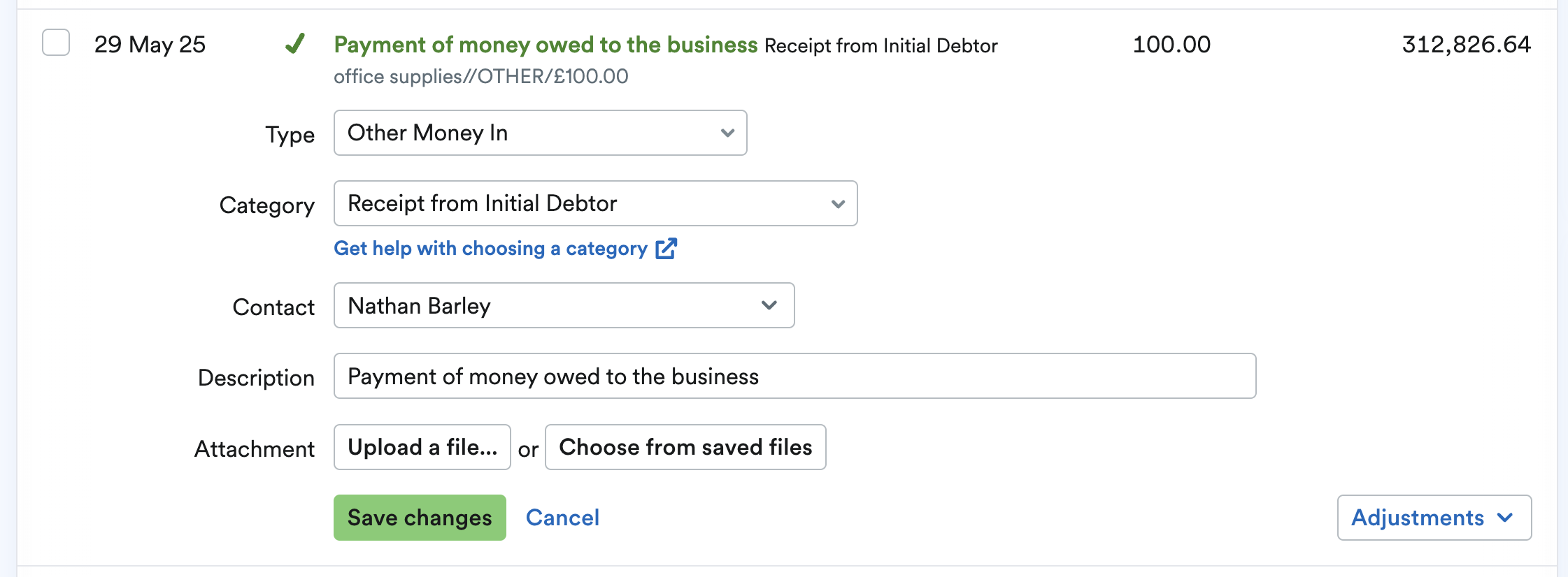 transaction being explained as a receipt from initial debtor