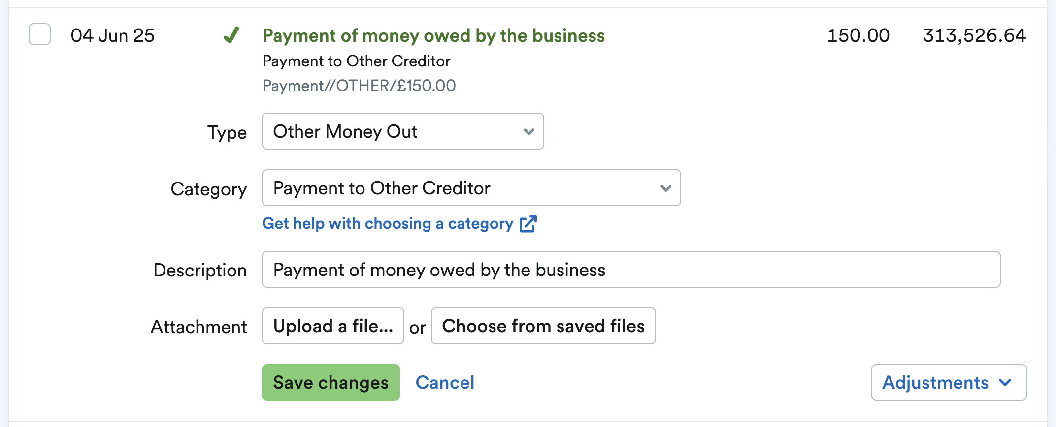 transaction being explained as a payment to other creditor