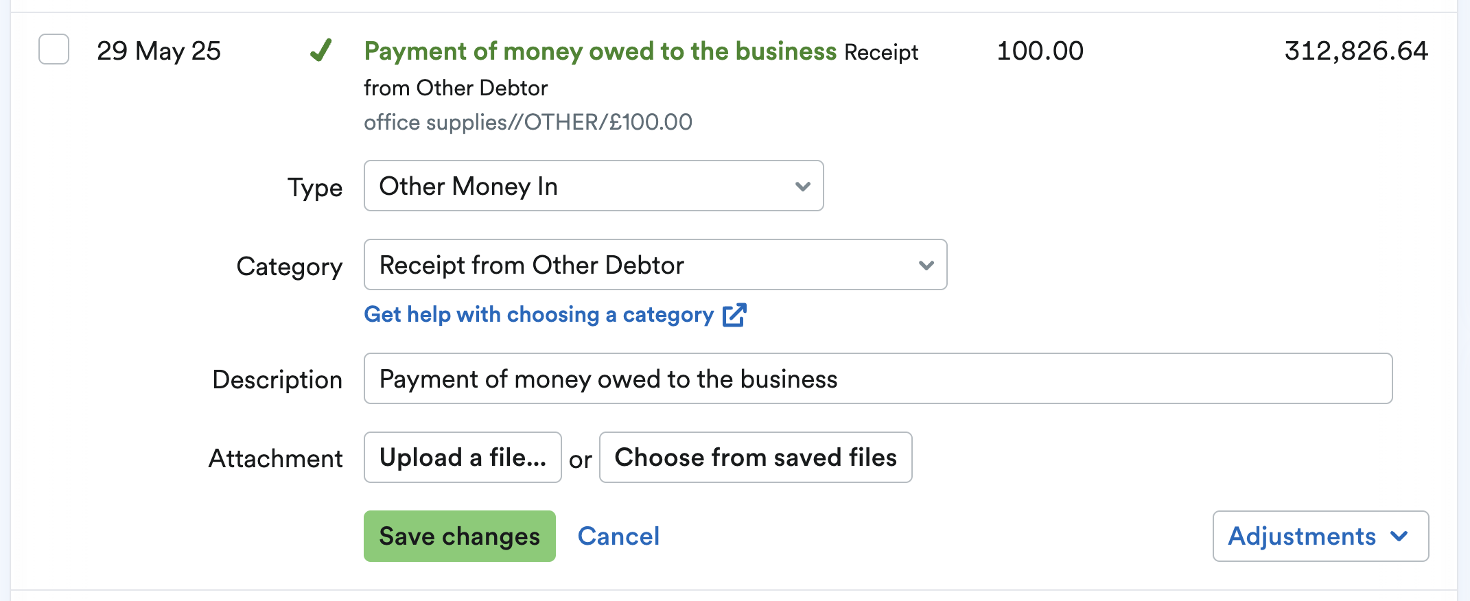 transaction being explained as a receipt from other debtor