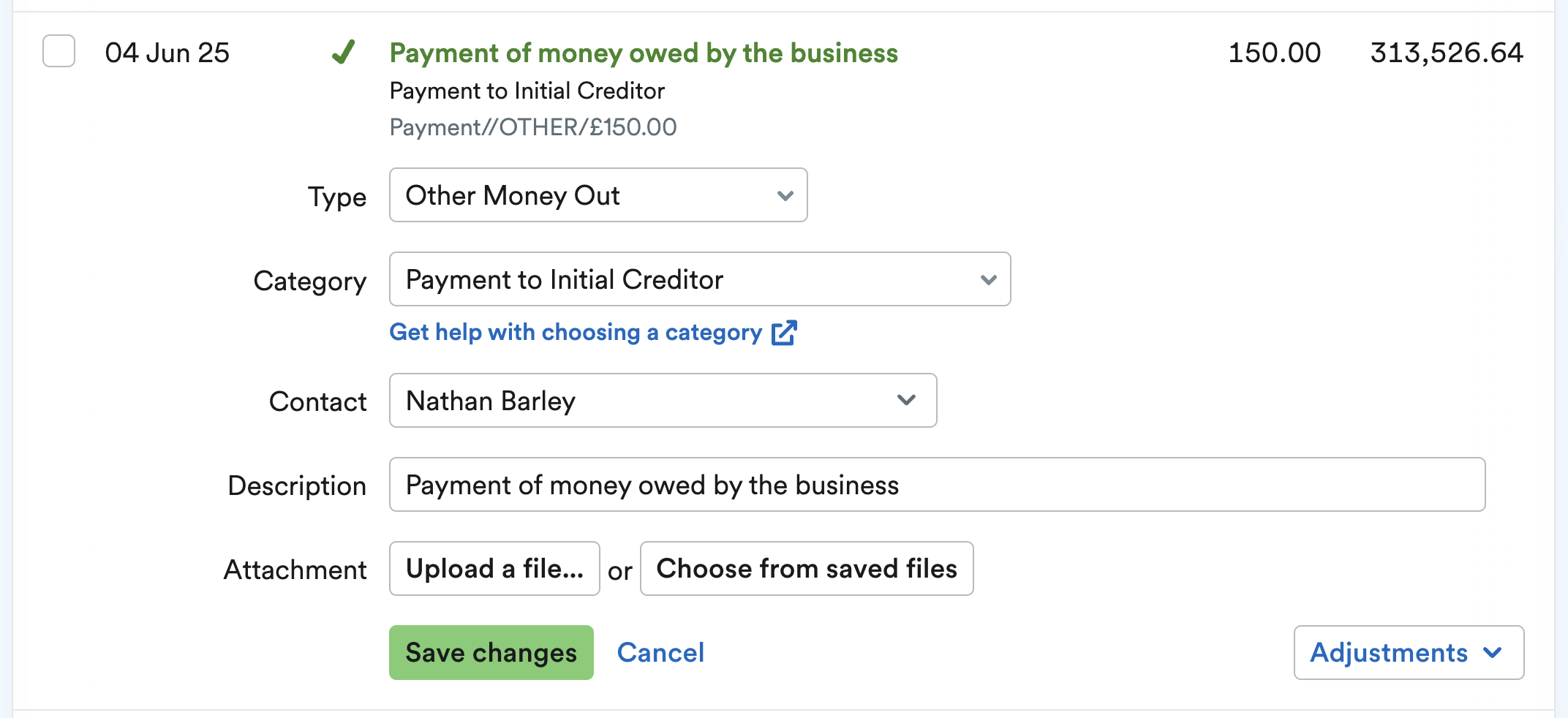 transaction being explained as a payment to initial creditor