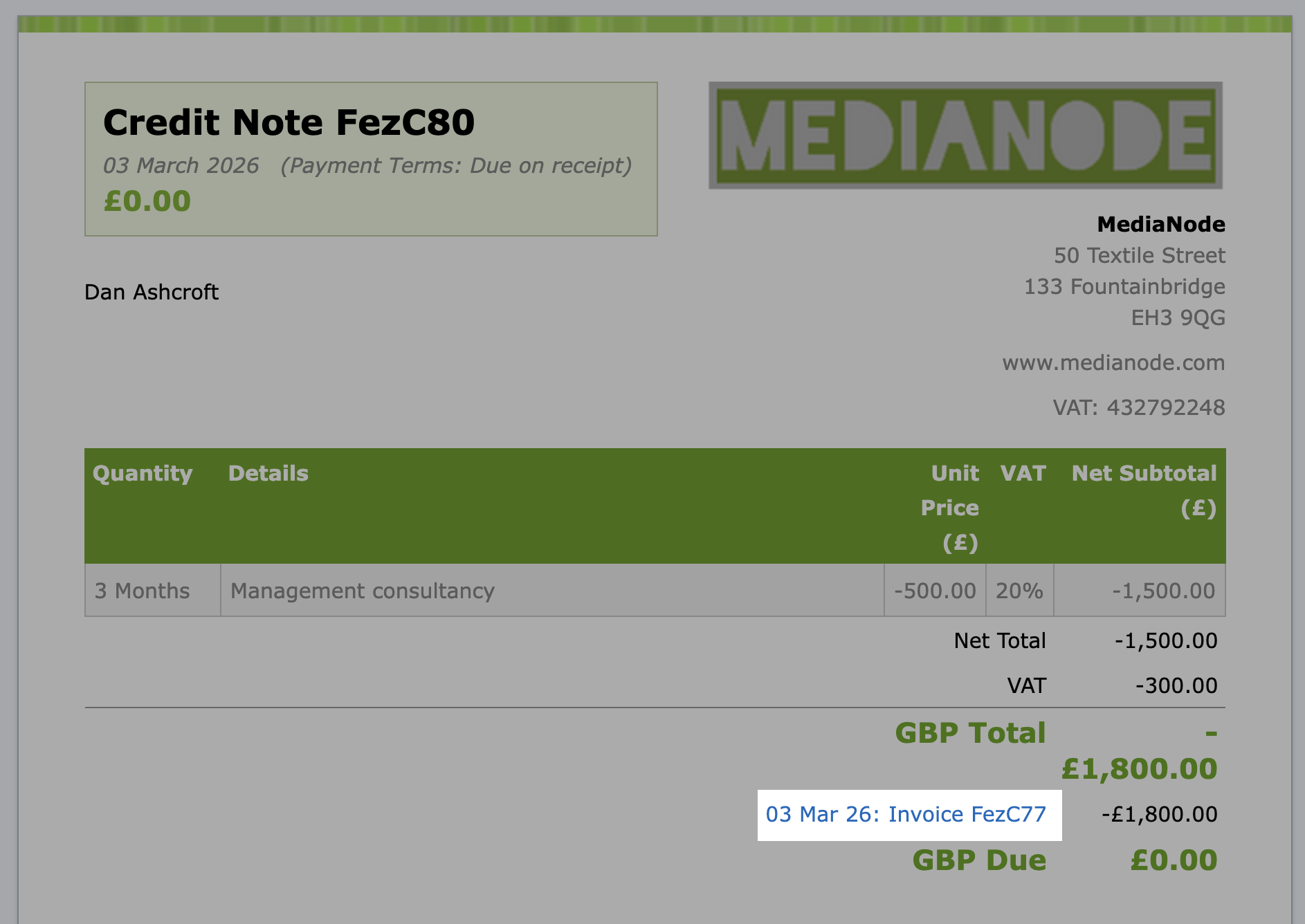 Invoice link highlighted at bottom of credit note