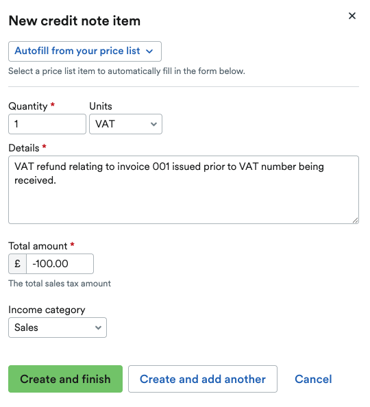 Credit note line item with VAT chosen as the unit