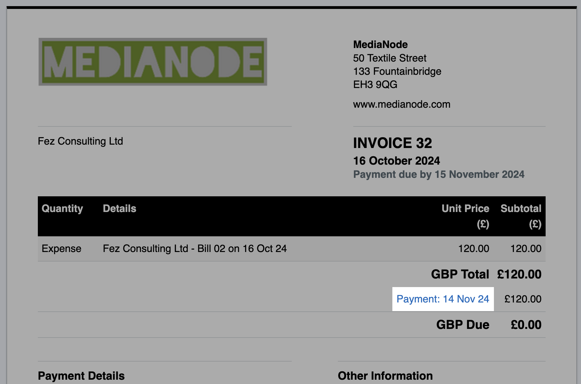 Payment link at bottom of invoice highlighted
