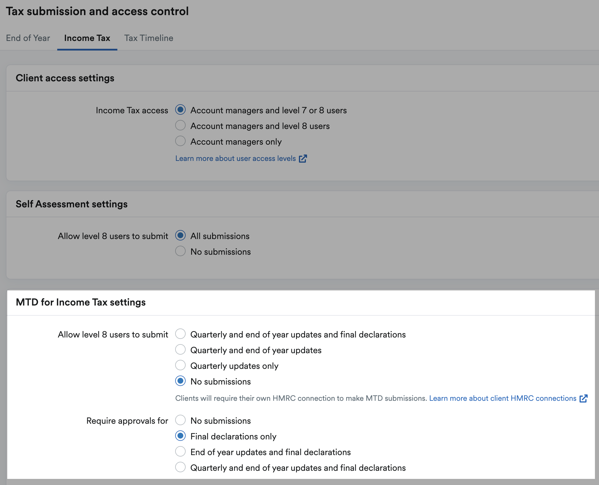 MTD for Income Tax settings 