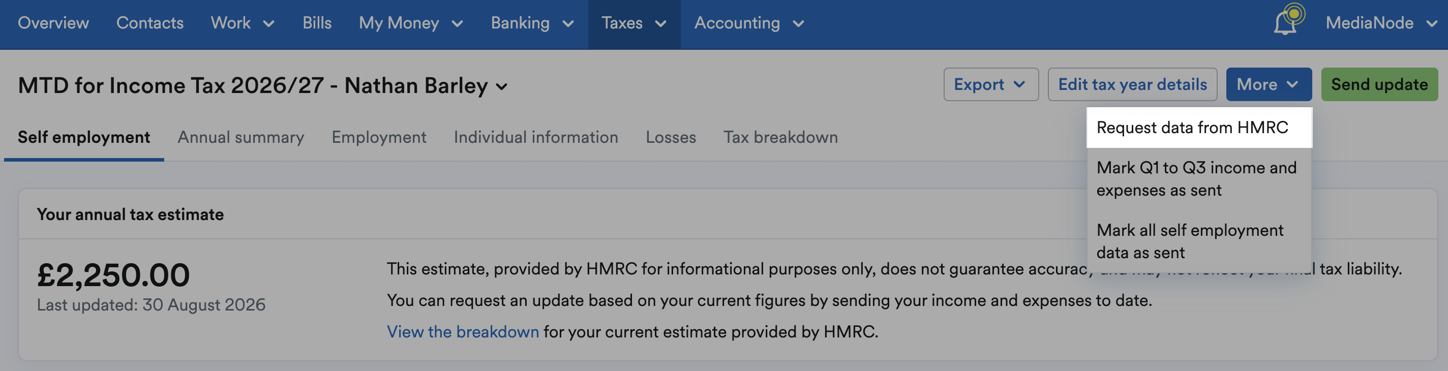 Request data from HMRC option highlighted within More drop-down menu