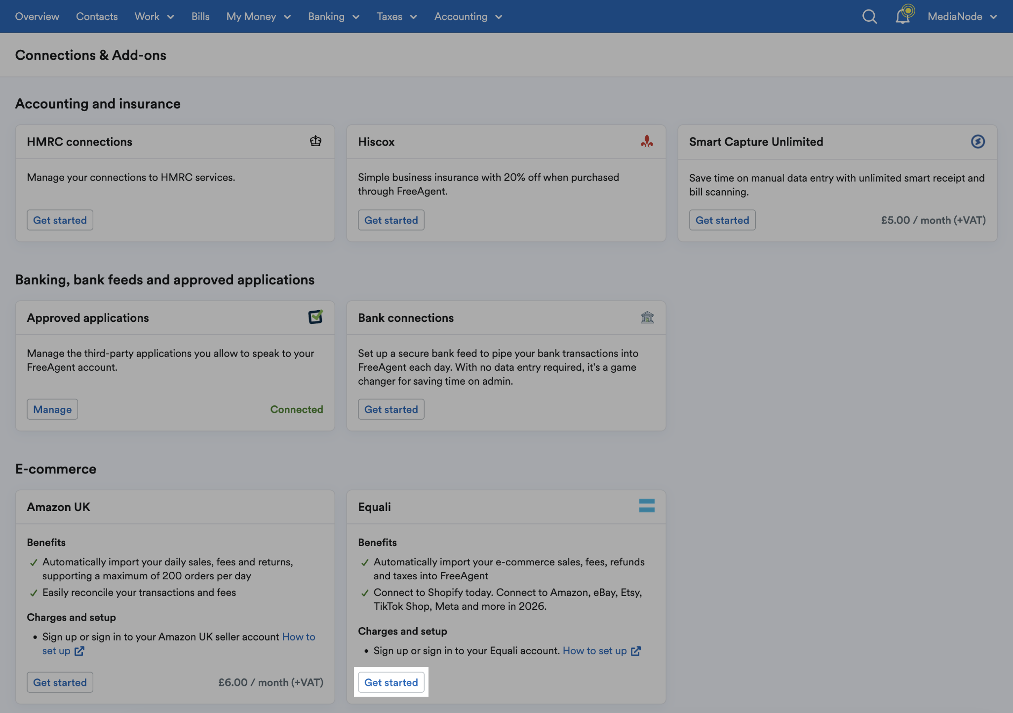 Get started highlighted in Equali section of Connections and add-ons area.