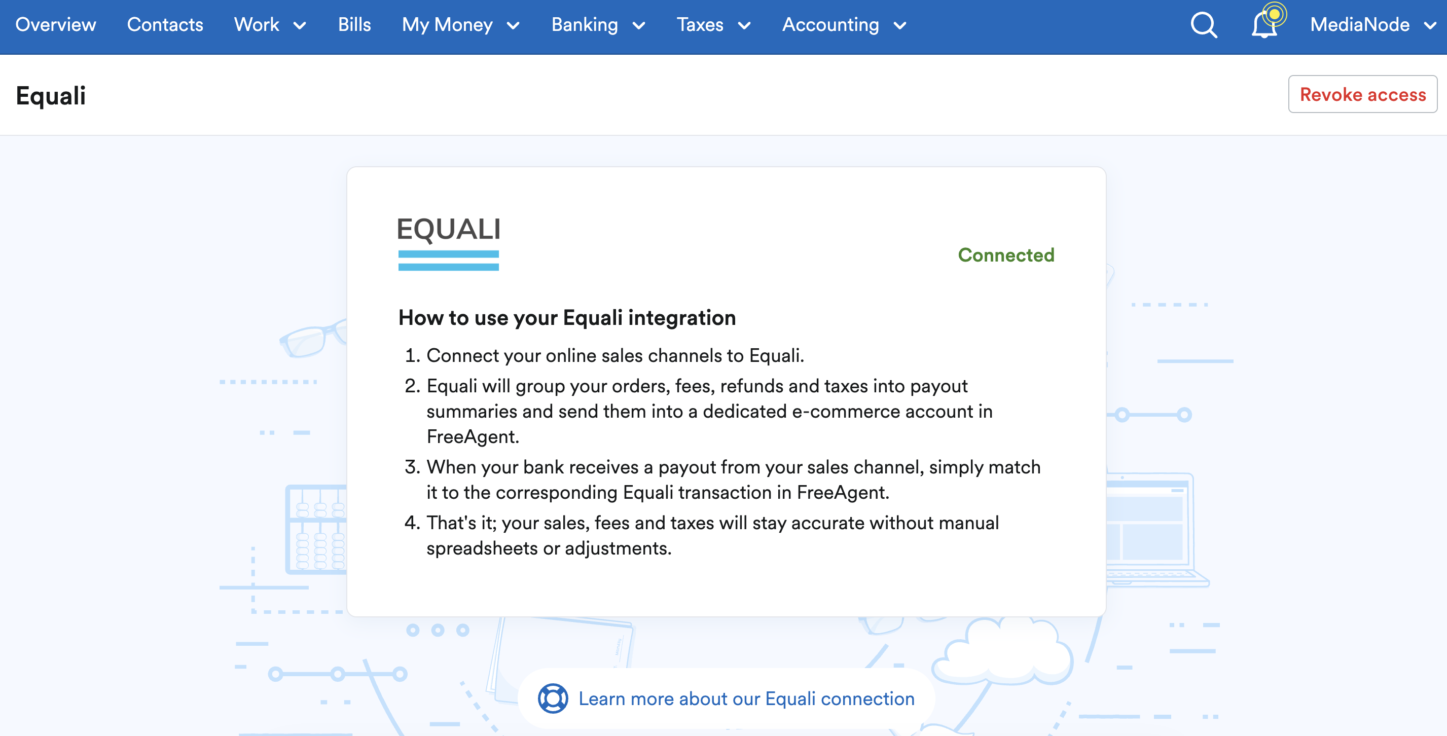 Equali screen in FreeAgent once successfully connected.