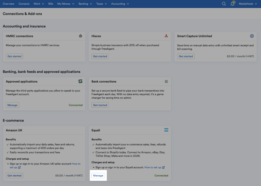 Manage highlighted in Equali section of Connections and add-ons area.