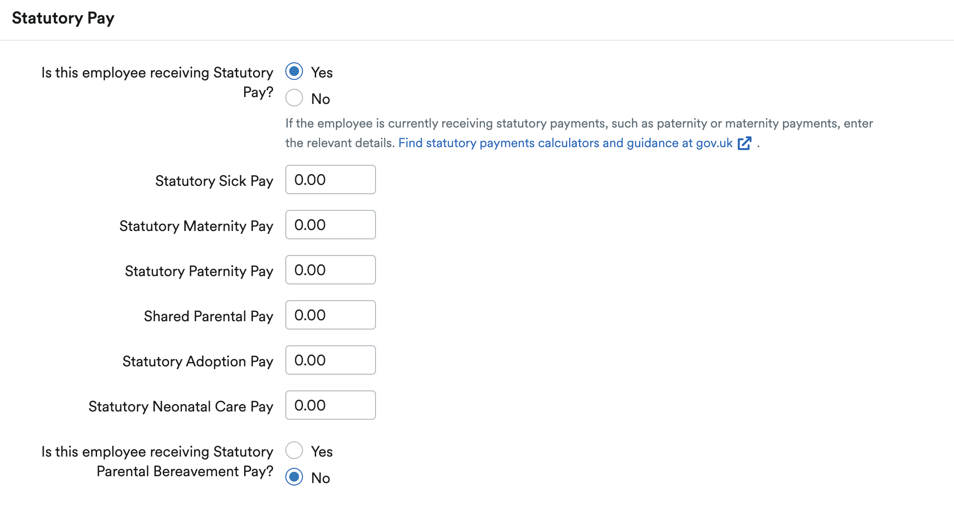 Statutory pay section for sick, maternity, paternity, parental, adoption, parental bereavement, and neonatal care pay.