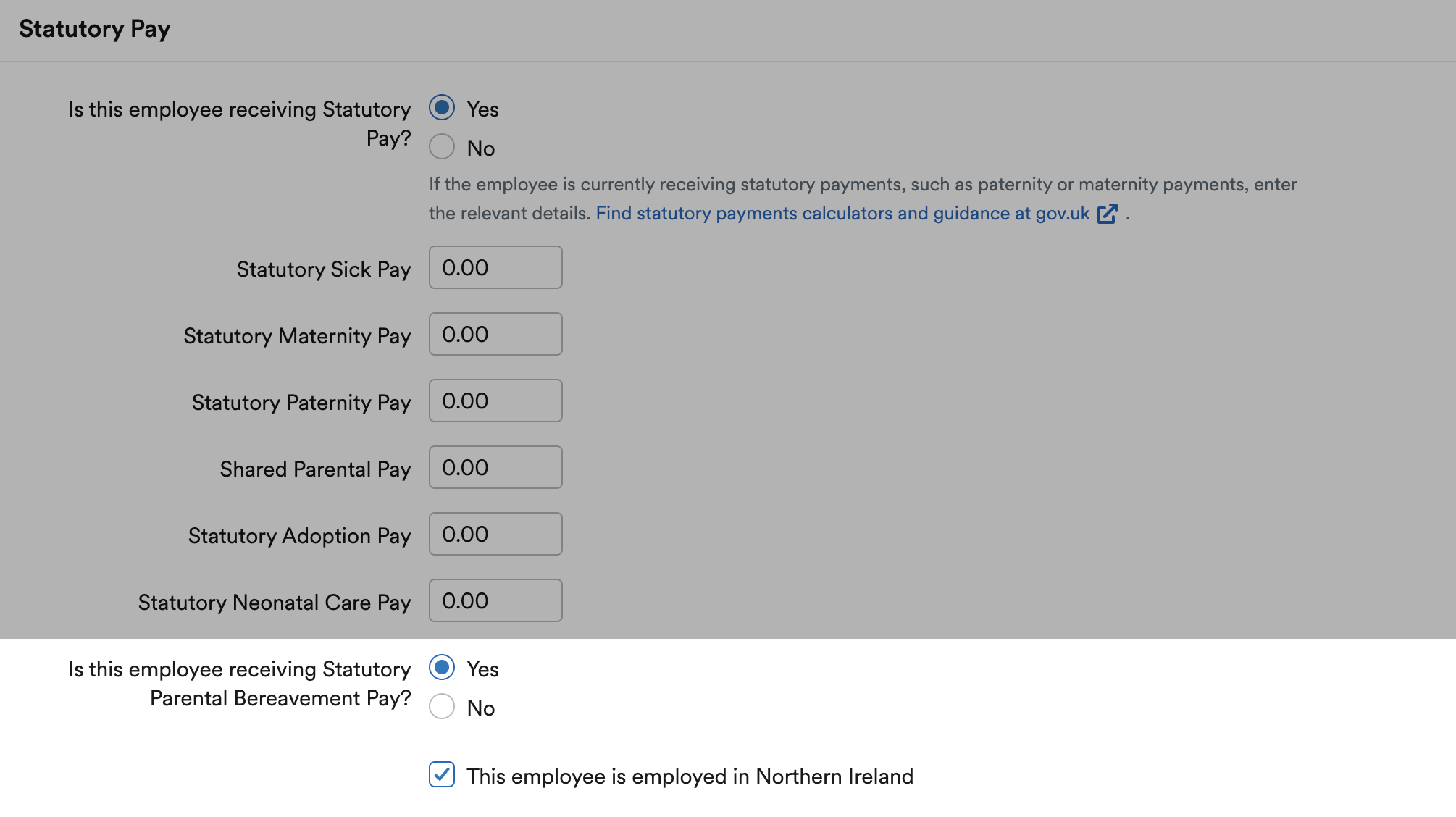 'Is this employee receiving Statutory Parental Bereavement Pay?' answered with ' Yes'.