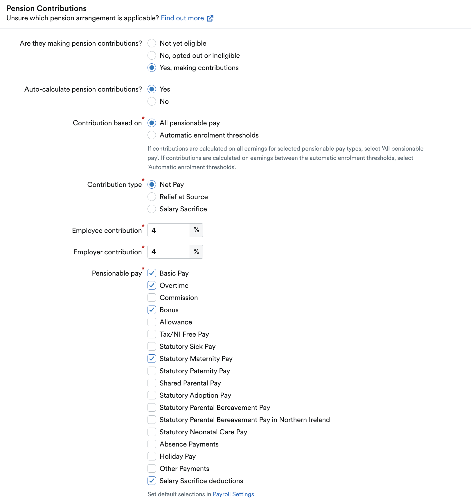 Options for selecting pension contributions