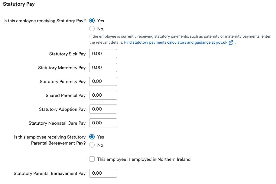 Statutory pay area with sick, maternity, paternity, shared parental, adoption, and parental bereavement pay.Statutory pay area with sick, maternity, paternity, shared parental, adoption, parental bereavement, and neonatal care pay.