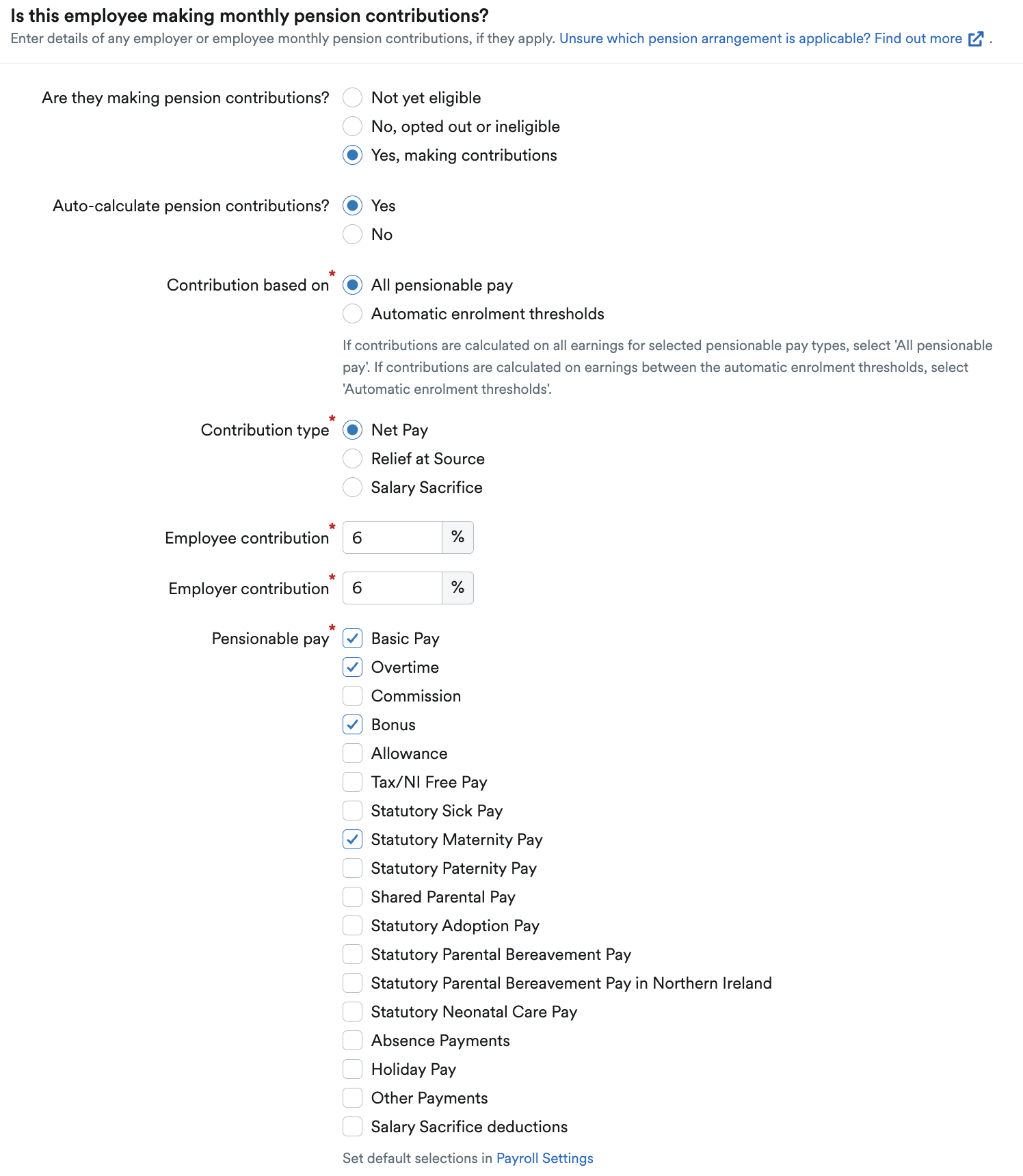 Pension contributions section of payroll profile.