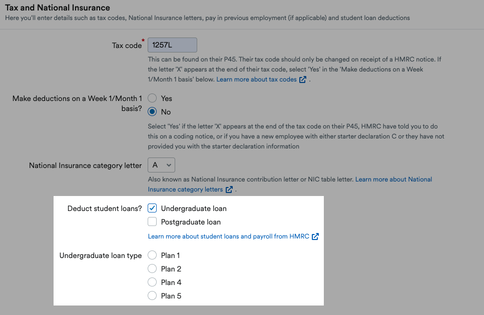 Tax and National Insurance section of payroll profile in FreeAgent.