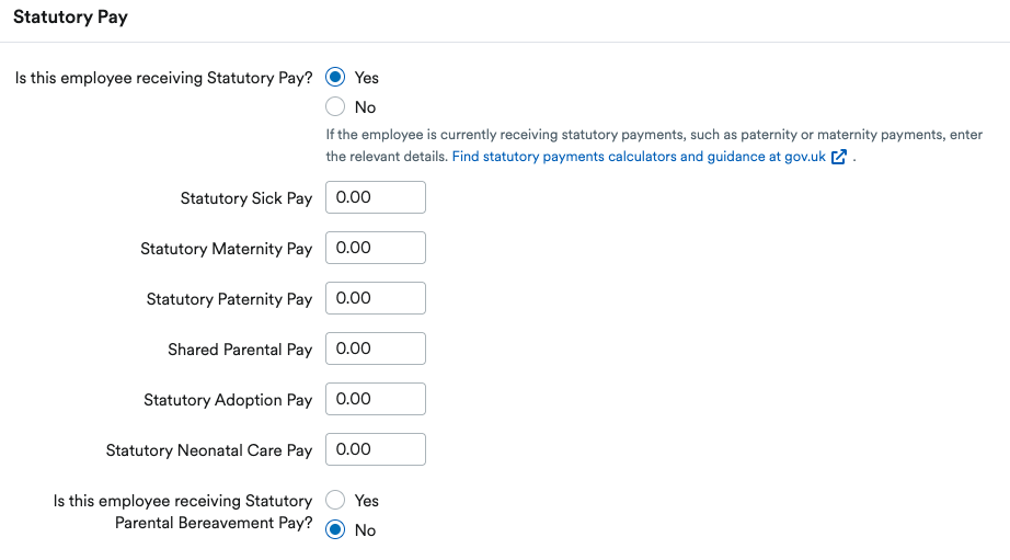 Statutory pay section for sick, maternity, paternity, parental, adoption, parental bereavement, and neonatal care pay.