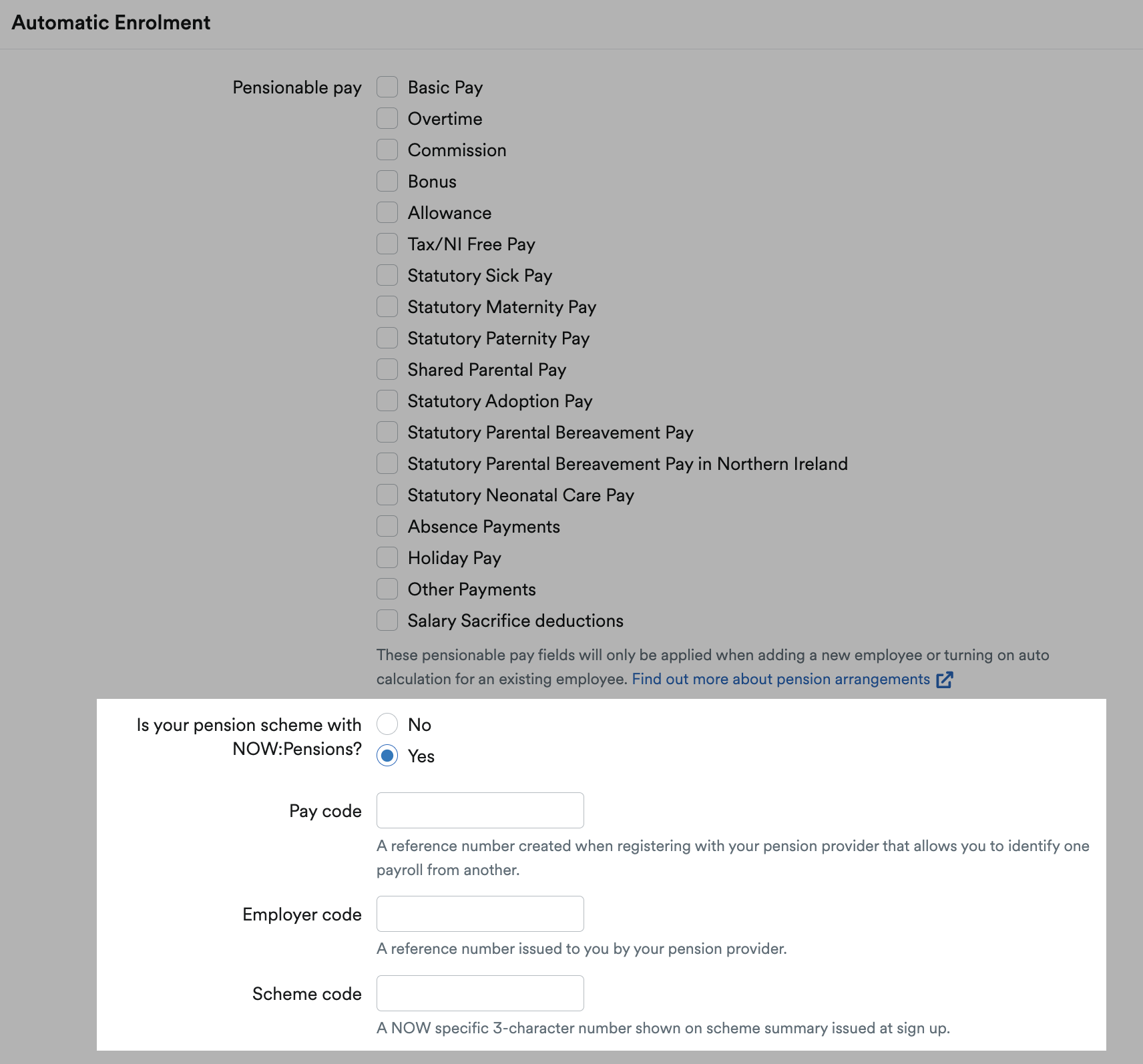'Yes' selected for 'Is your pension scheme with NOW:Pensions?' revealing further questions.