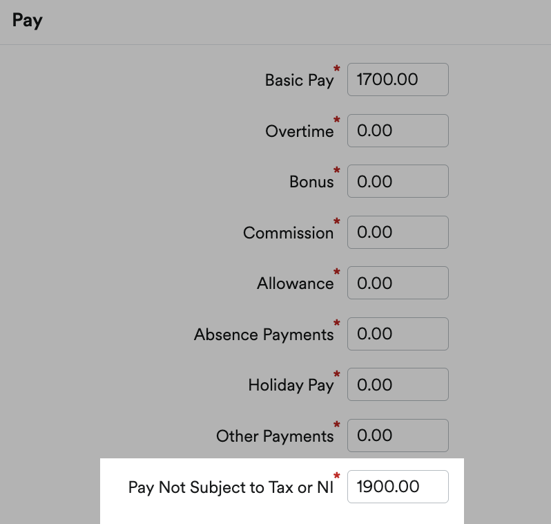 Box for 'Pay Not Subject to Tax or NI' highlighted in Pay area.