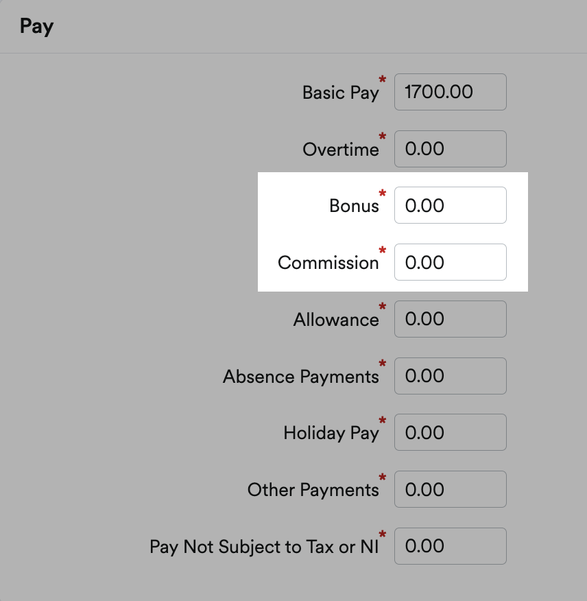 Pay section of payslip with 'Bonus' and 'Commission' fields highlighted.