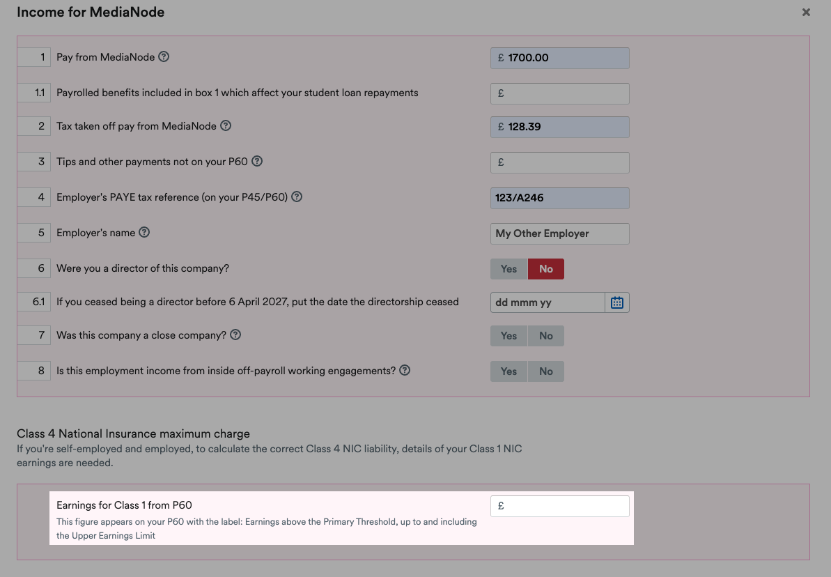 Earnings from Class 1 P60 field highlighted on Employment page