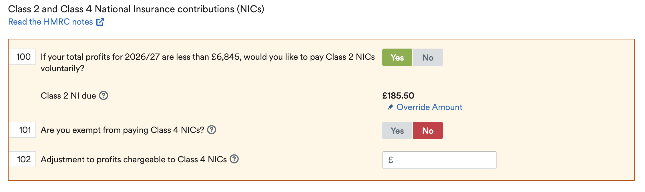 National Insurance Contributions section of Self-employment form