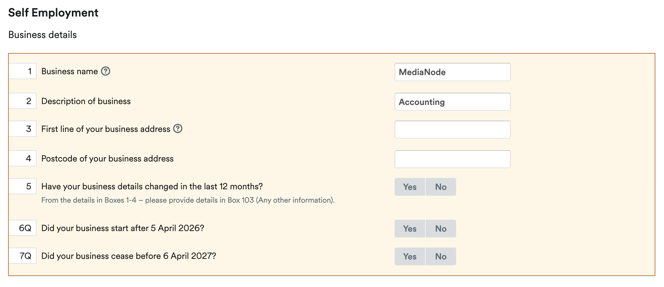 Business details section of self-employment page
