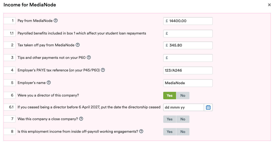 Income section of Employment page